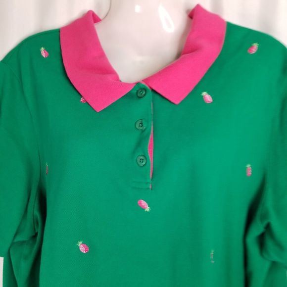Quacker Factory Women's Polo Shirt Green Embroidered Pink Pineapple Size 1X - Picture 3 of 6